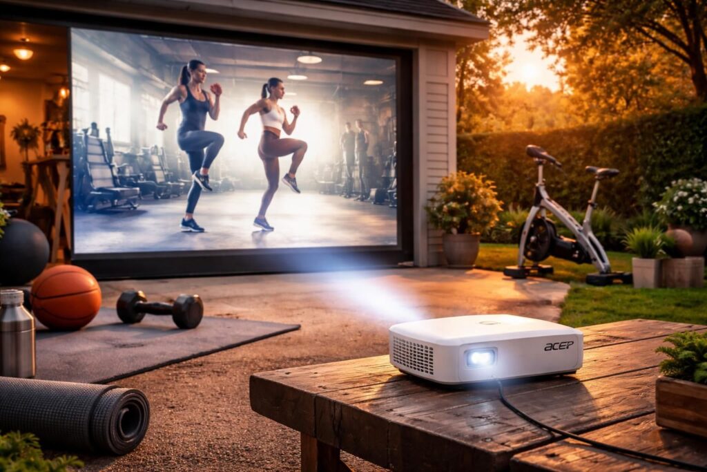 découvrez le mini vidéoprojecteur acer, idéal pour vos activités sportives en extérieur, que ce soit dans le garage ou le jardin. inspirez-vous de nos idées pour profiter pleinement de vos séances sportives.