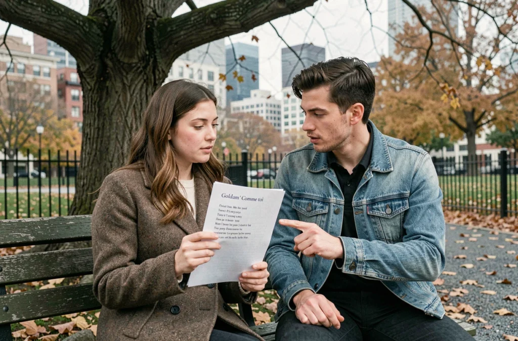 Deux amis discutant des paroles de la chanson Comme toi de Jean-Jacques Goldman sur un banc de parc en automne