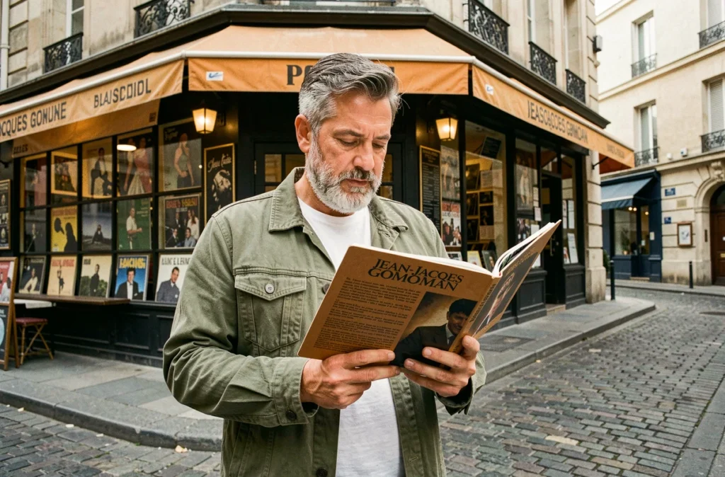 Homme tenant un album vinyle de Jean-Jacques Goldman devant une boutique de disques parisienne, analysant les paroles de Comme toi