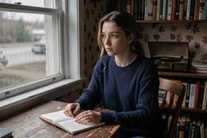 Jeune femme pensive lisant les paroles de la chanson Comme toi de Jean-Jacques Goldman dans un carnet ouvert