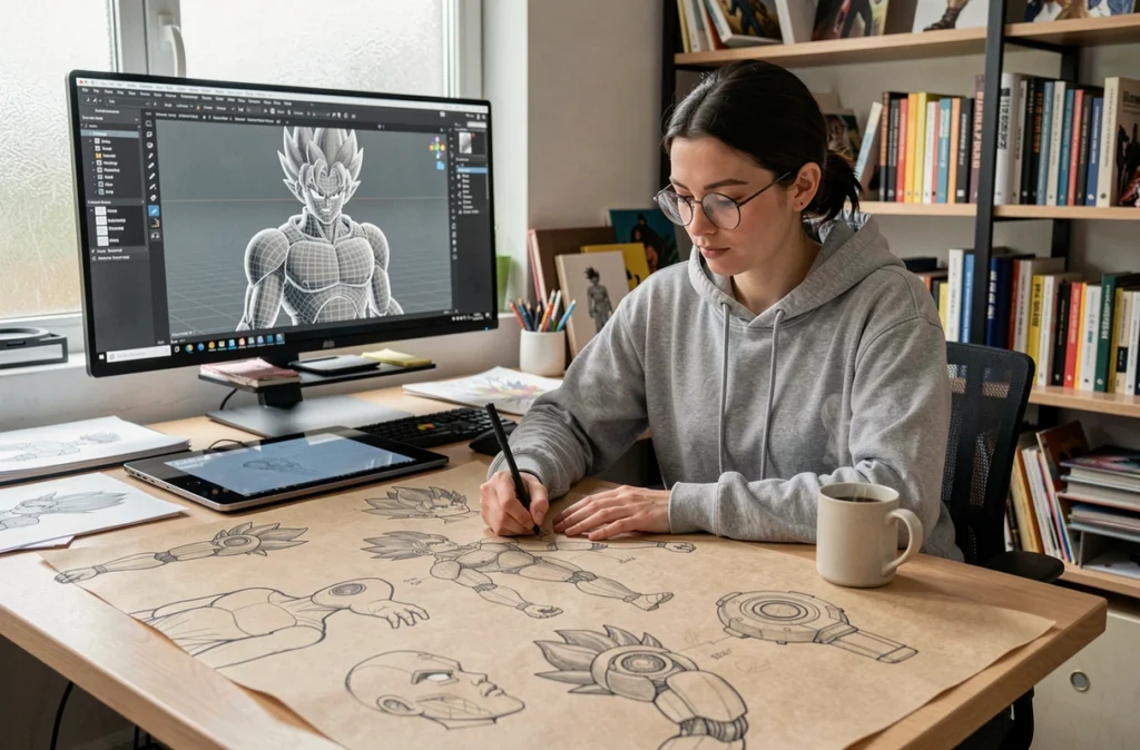 Artiste conceptuelle travaillant sur des esquisses de cyborgs inspirés de l'univers Dragon Ball Z dans un studio créatif moderne