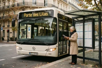 Bus 249 arrêté à un arrêt parisien avec destination Porte des Lilas affichée, passagère consultant l'horaire affiché sur l'abribus