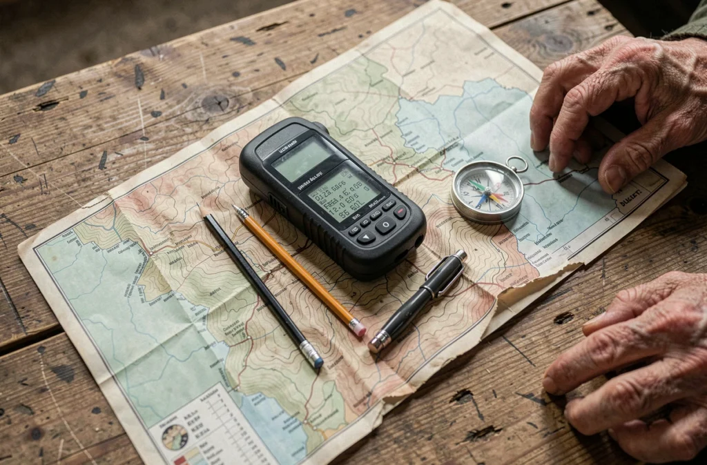 Vue aérienne d'une carte topographique et d'un récepteur GPS posés sur une table en bois