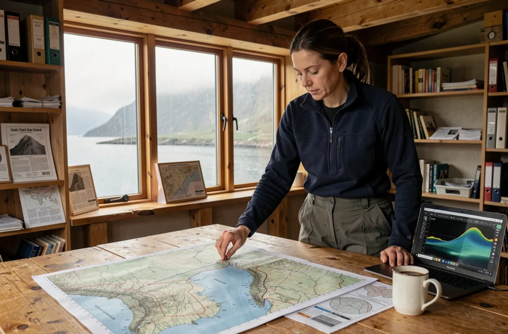 Chercheuse en risques côtiers analysant des cartes topographiques et bathymétriques dans une station de terrain en bord de mer, étude scientifique du tsunami de 1958 en Alaska