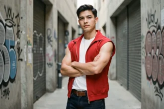 Cosplayer adulte déguisé en C-17 de Dragon Ball Z dans une ruelle urbaine industrielle, costume fidèle à l'anime