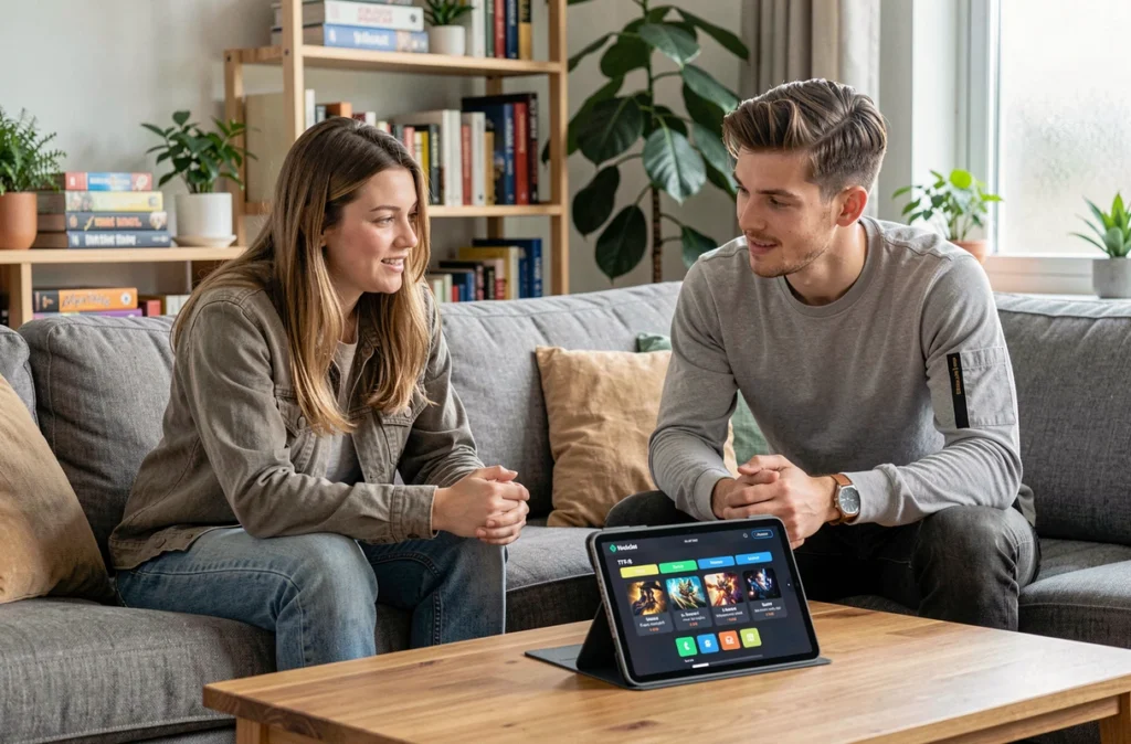 Deux joueurs analysant ensemble une composition TFT et ses synergies sur une tablette dans un salon moderne