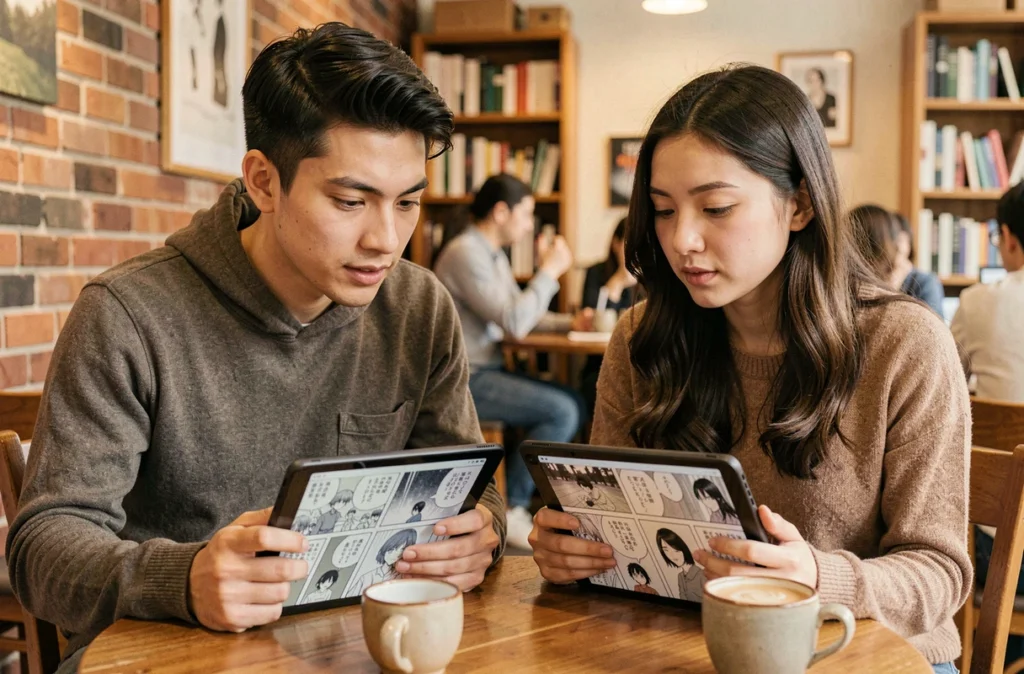 Deux jeunes adultes discutant de scans manga sur une tablette dans un café aux murs en briques