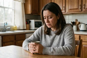 Femme épuisée assise seule dans sa cuisine, illustrant la souffrance émotionnelle face à un partenaire jaloux et contrôlant