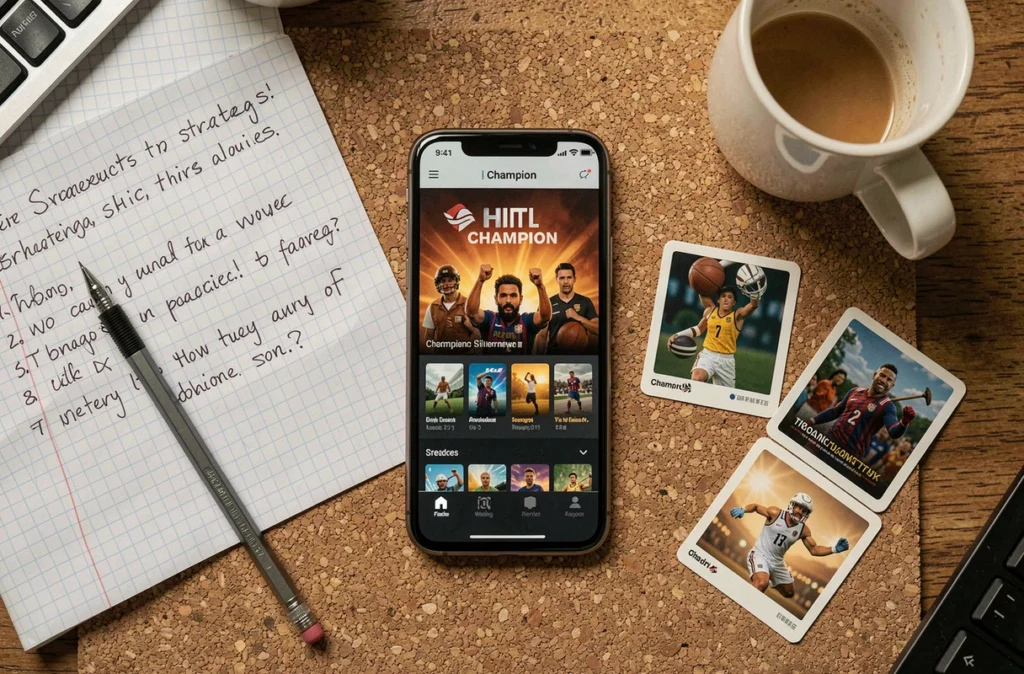 Vue de dessus d'un bureau avec téléphone affichant TFT, notes manuscrites et fiches de champions pour préparer une compo