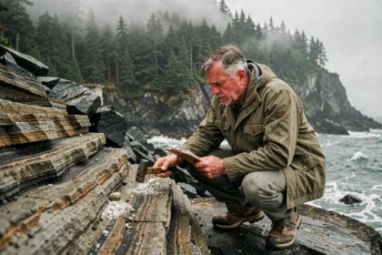 Géologue examinant des strates sédimentaires sur une falaise côtière rocheuse en Alaska, référence au tsunami de 1958 et à l'étude des risques côtiers