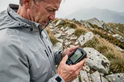 Homme utilisant un appareil GPS de randonnée sur un sentier montagneux rocheux