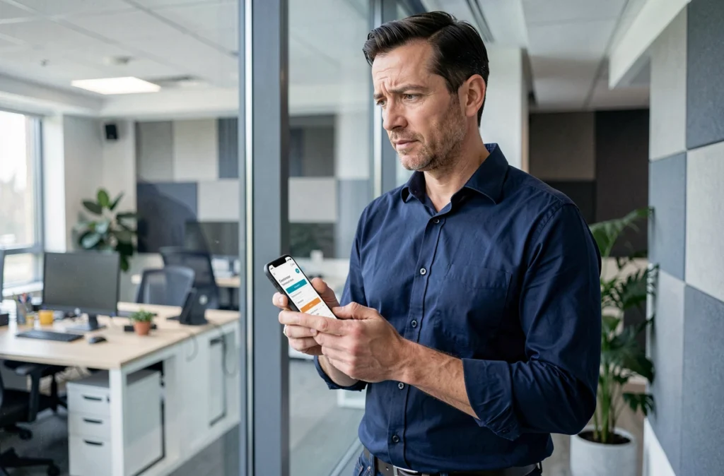 Homme consultant le centre d'aide du Bon Coin sur son smartphone dans un espace de travail moderne en attendant une réponse