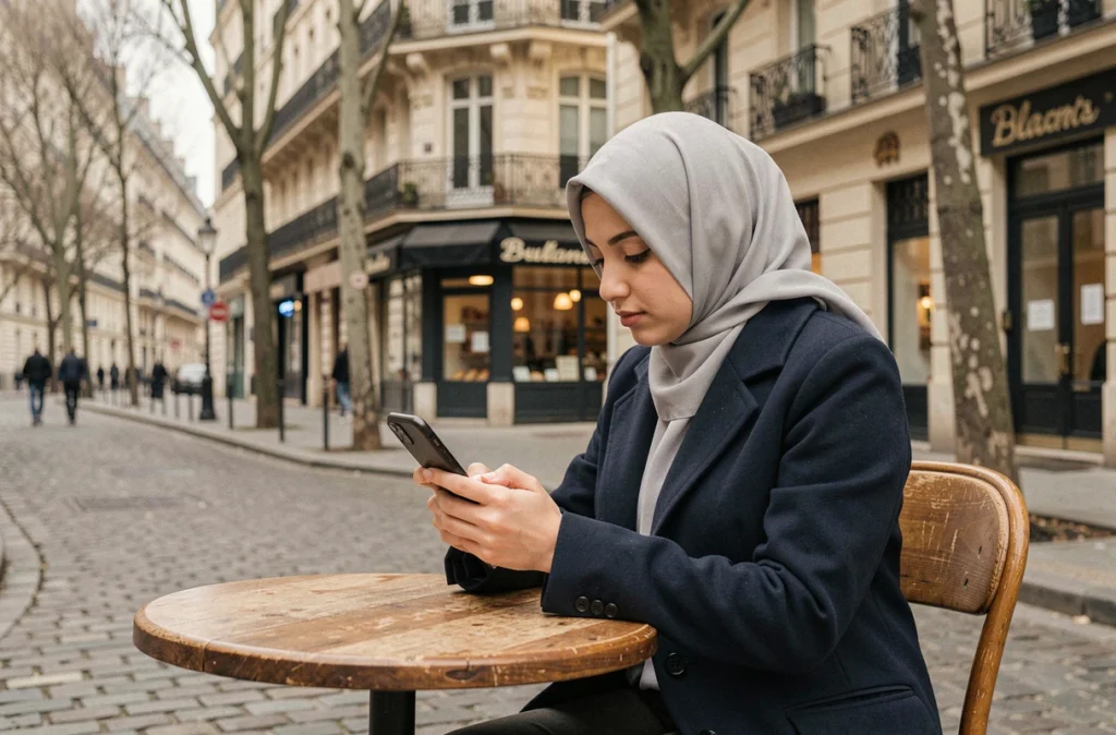Femme musulmane consultant les horaires de prière du ramadan sur son téléphone dans une rue du 19e arrondissement de Paris