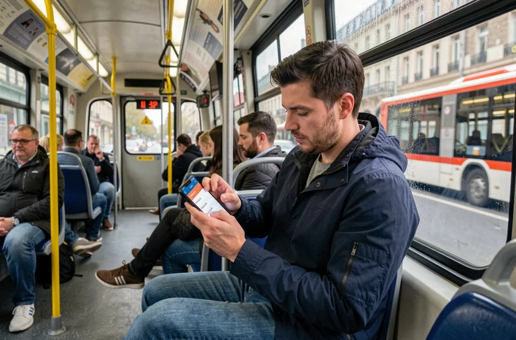 Passager dans le bus 249 à Paris consultant les horaires de trajet sur son téléphone vers Porte des Lilas