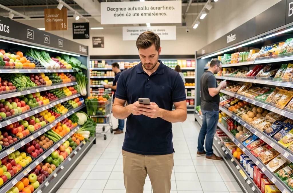 Rayon fruits et légumes d'un supermarché ouvert le dimanche dans le centre-ville de Montpellier