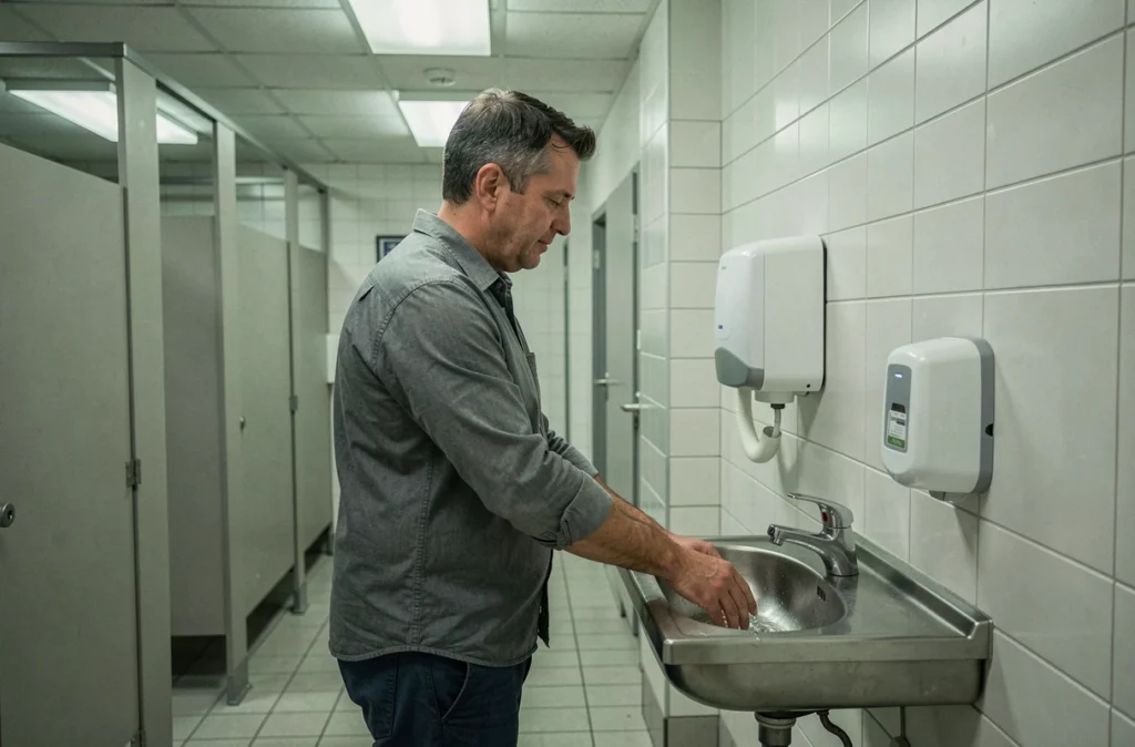 Intérieur propre et sécurisé d'un WC public accessible la nuit avec un homme se lavant les mains
