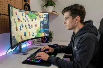 Joueur concentré sur une composition TFT devant un écran de jeu tactique avec formations d'unités colorées
