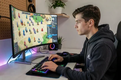 Joueur concentré sur une composition TFT devant un écran de jeu tactique avec formations d'unités colorées