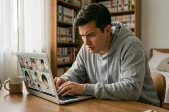 Jeune homme lisant des scans de manga sur son ordinateur portable dans une chambre cosy remplie de volumes manga