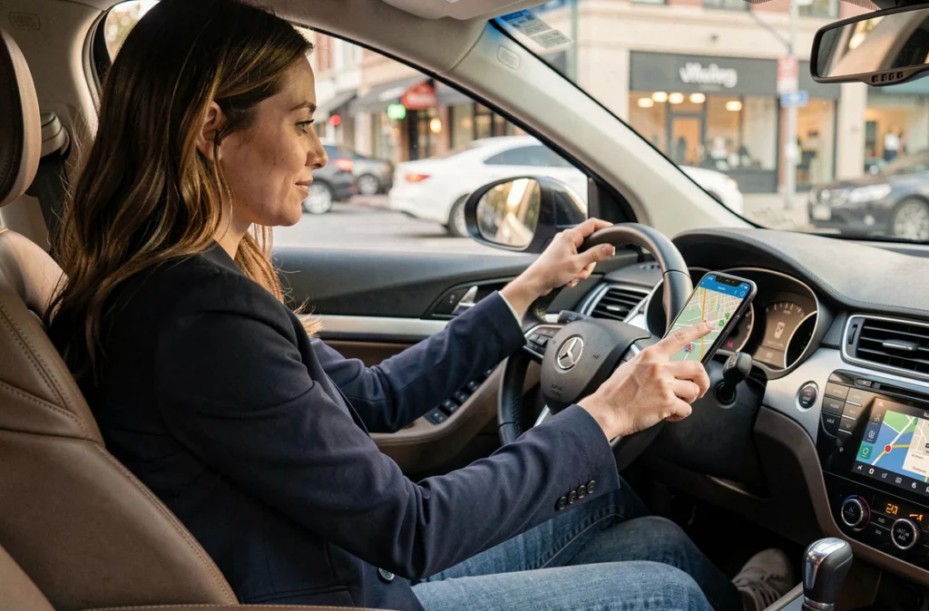 Femme consultant une application GPS sur smartphone monté dans une voiture en milieu urbain