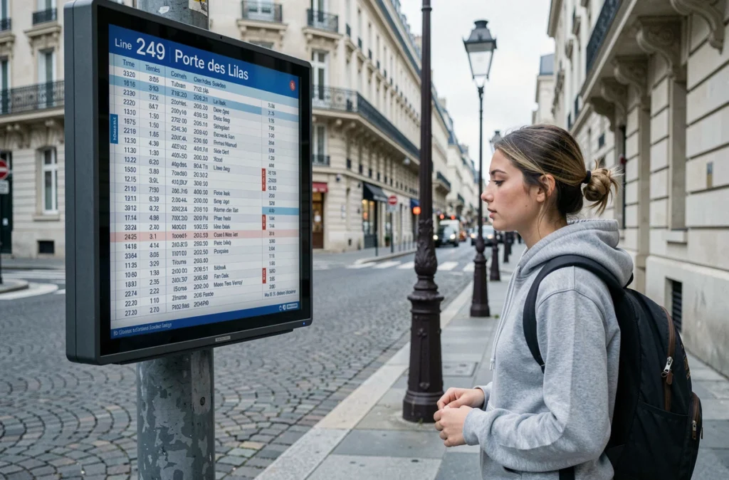 Panneau d'affichage horaire du bus 249 vers Porte des Lilas sur un trottoir parisien avec une passante consultant les horaires