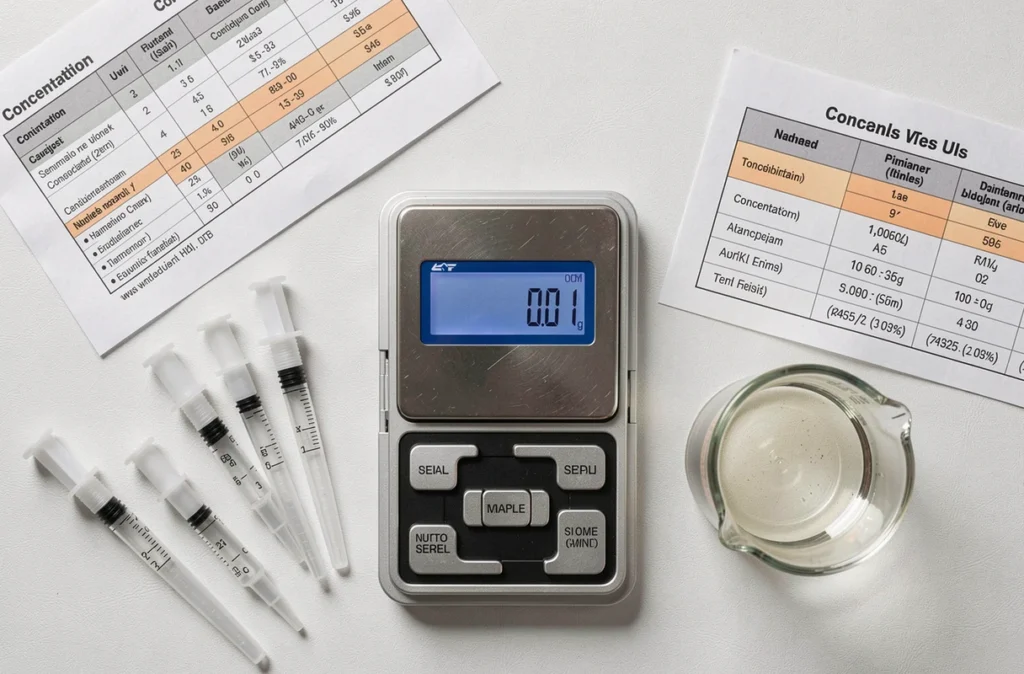 Vue de dessus d'un poste de travail scientifique avec balance de précision et documents comparant les unités ppm ppb et pourcentage