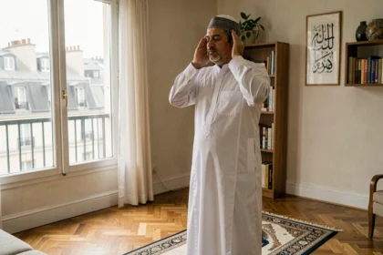 Homme musulman en prière sur un tapis dans un appartement parisien du 19e arrondissement pendant le ramadan 2026