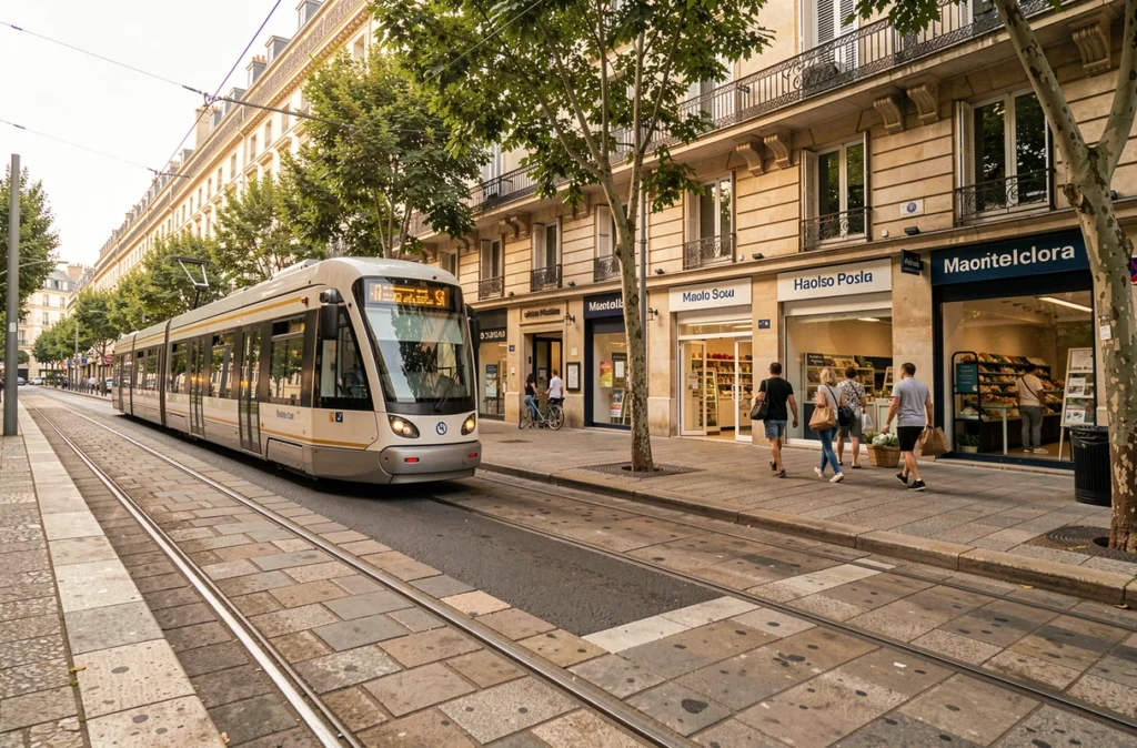 Rue commerçante de Montpellier avec tramway et supermarché ouvert le dimanche en arrière-plan