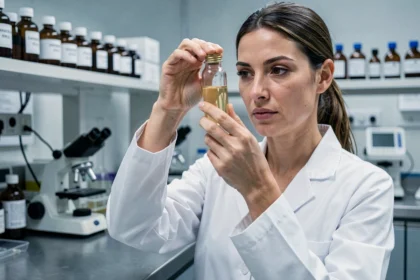 Scientifique en laboratoire analysant une solution concentrée dans un flacon en verre pour illustrer les unités de mesure ppm ppb et pourcentage
