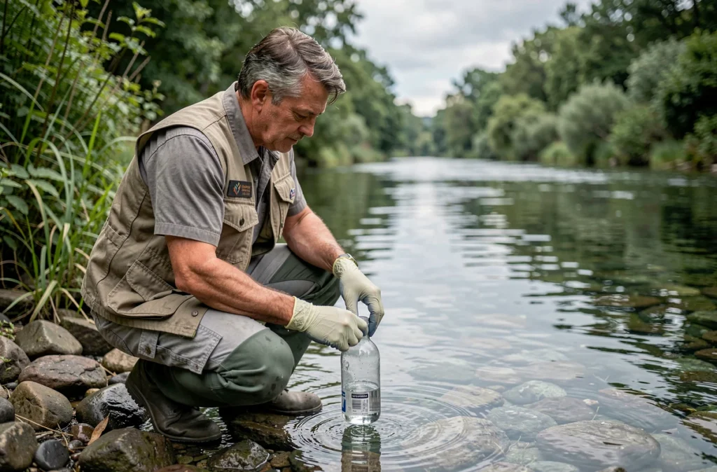 Technicien environnemental prélevant un échantillon d'eau pour mesurer des concentrations en ppm ou ppb dans un contexte de surveillance environnementale