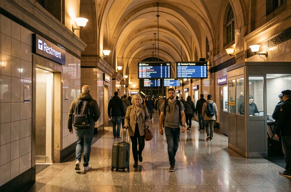 Entrée sécurisée des toilettes publiques d'une gare fréquentée la nuit avec des voyageurs et un poste de sécurité