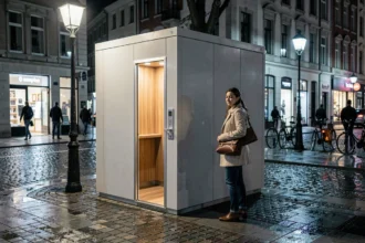 Femme approchant un kiosque de toilettes publiques moderne ouvert la nuit dans une rue pavée urbaine européenne