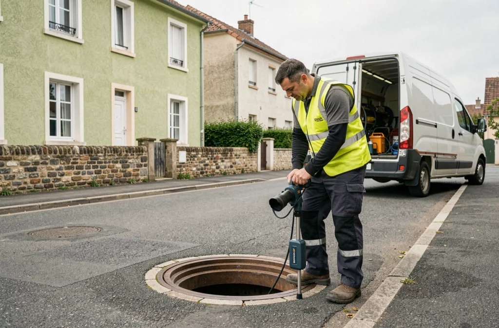Un technicien d'Assainissement De La Région Centre inspecte un réseau d'évacuation dans une rue résidentielle du Centre-Val de Loire