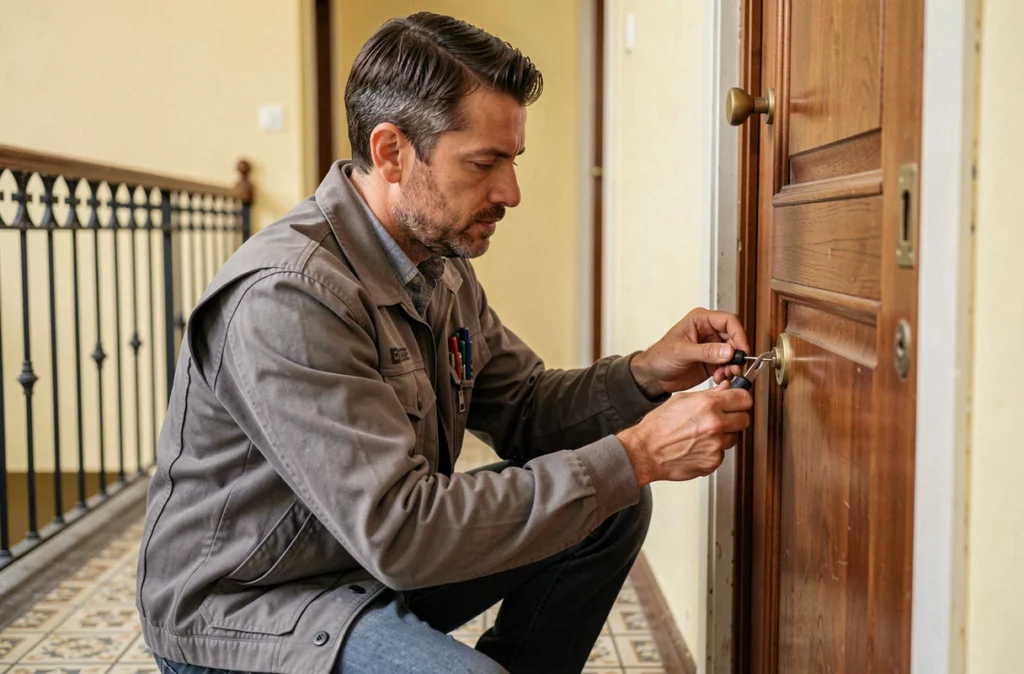 Technicien de Bigorre Ouverture réalisant une ouverture de porte sans destruction dans un immeuble résidentiel de Tarbes