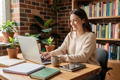 Jeune femme souriante utilisant un chat en ligne sur son ordinateur portable dans un bureau à domicile chaleureux et économique