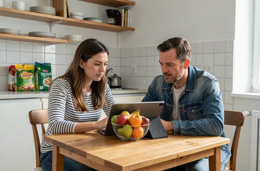 Couple utilisant une tablette pour accéder à un service de chat économique dans une cuisine d'appartement modeste