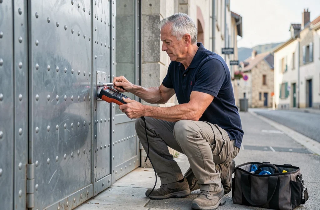Didier Jacomet, serrurier expérimenté, diagnostiquant un système de serrure électronique sur une porte sécurisée de local commercial dans les Hautes-Pyrénées