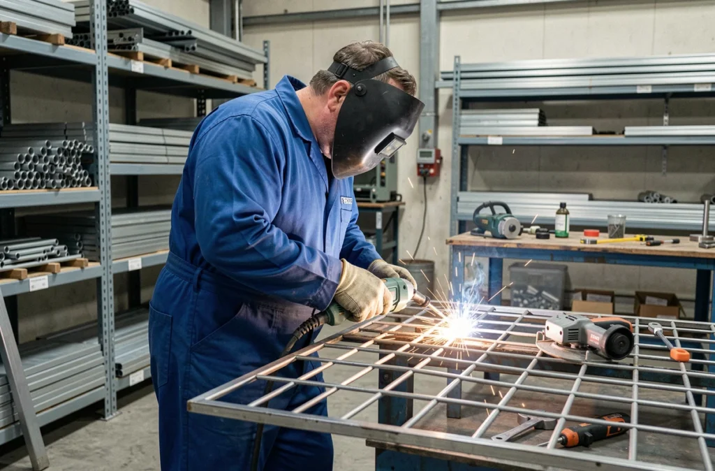 Professionnel d'Efficass Métal soudant une grille de sécurité en acier dans un atelier industriel équipé