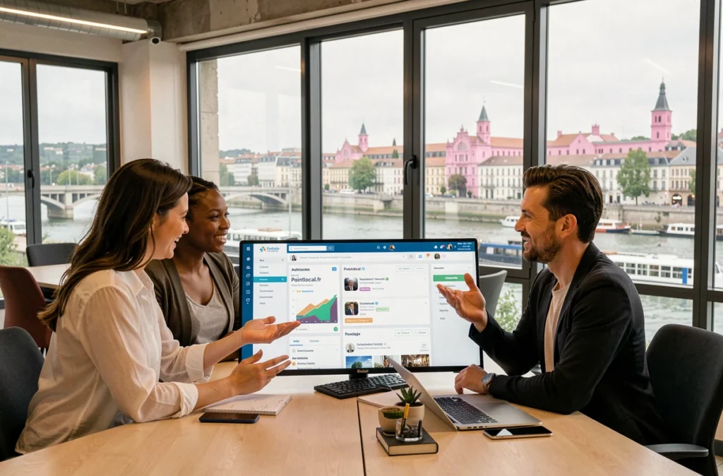 Équipe marketing collaborant autour d'une stratégie de référencement local sur Pointlocal.fr dans un espace de coworking avec vue sur Toulouse et la Garonne