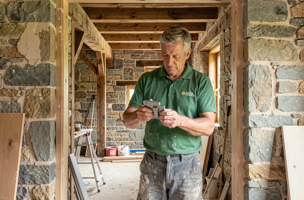 Spécialiste d'Espace Habitat Renov tenant un système de verrouillage multipoints dans une ferme pyrénéenne en cours de rénovation