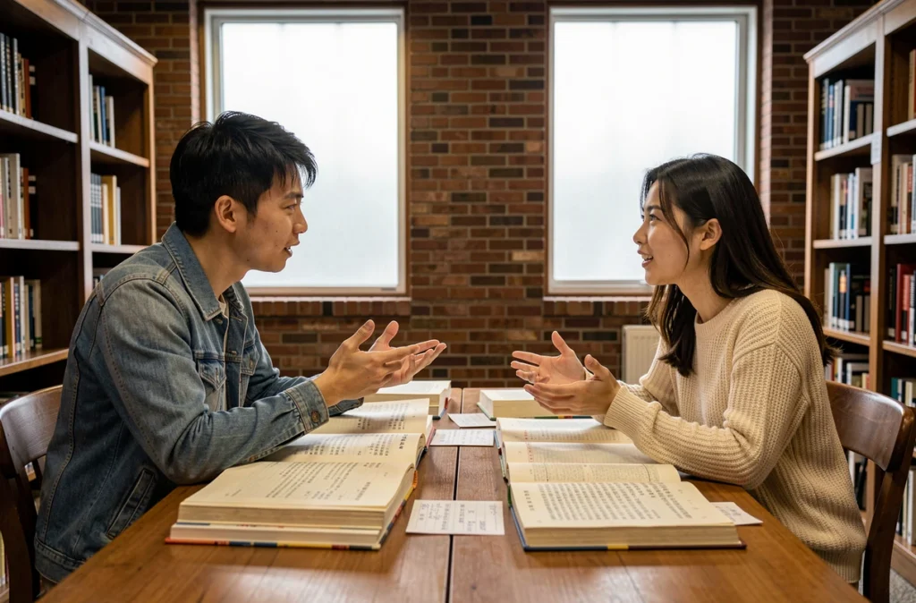 Deux étudiants chinois discutant de proverbes dans une bibliothèque universitaire, entre textes classiques et notes contemporaines