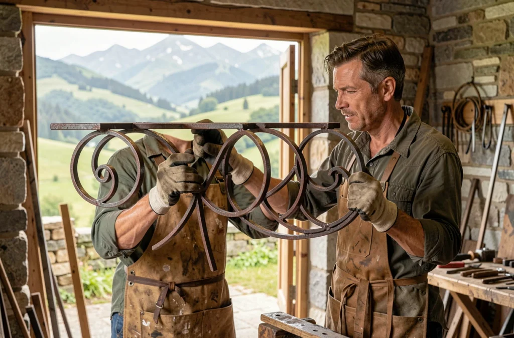 Artisan de Ferronnerie Bétès examinant une section de balustrade forgée à la main dans son atelier en pierre avec vue sur la vallée pyrénéenne