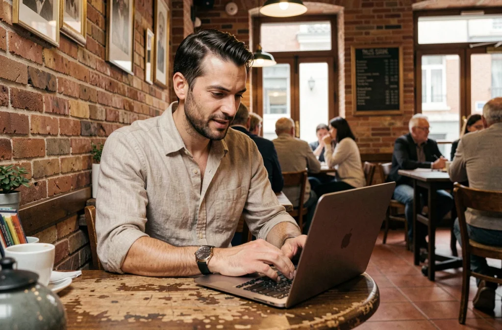 Gérant d'un café toulousain analysant les résultats de fidélisation client sur ordinateur portable dans un intérieur en briques roses