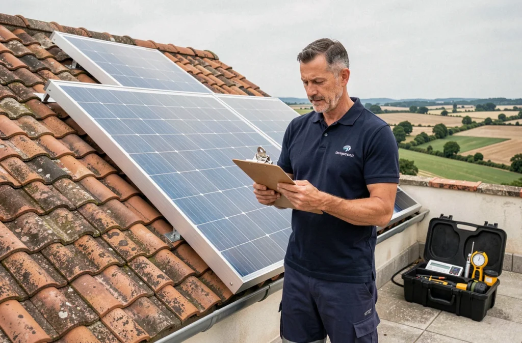 Un conseiller de Home Energy 45 évalue une installation solaire thermique sur le toit d'une maison dans le Loiret