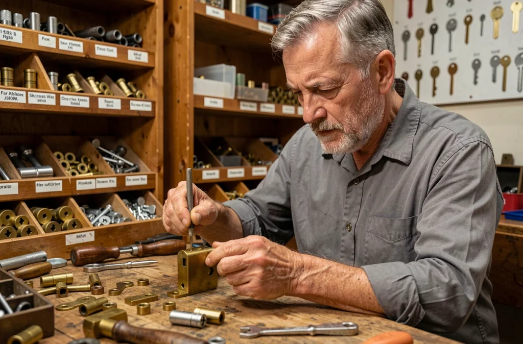 Joel Fourcade, serrurier artisan indépendant, re-codant un cylindre en laiton sur son établi dans son atelier