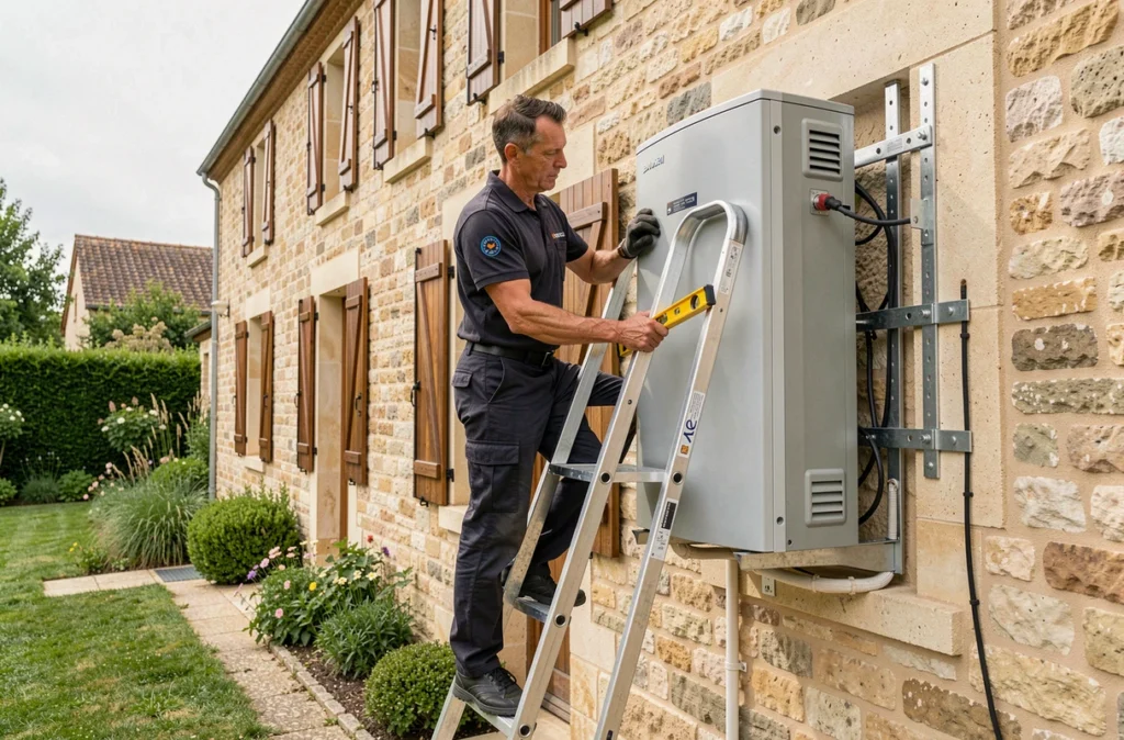 Un technicien de KOBAN installe une pompe à chaleur sur la façade d'une maison en pierre typique du Loiret