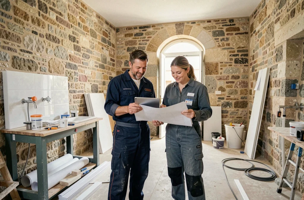 Une équipe de Maison 9 examine des plans de rénovation dans une maison en cours de transformation dans le Loiret
