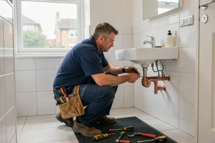 Un plombier professionnel examine des tuyaux en cuivre dans une salle de bain résidentielle française, illustrant le thème des meilleurs plombiers du Loiret