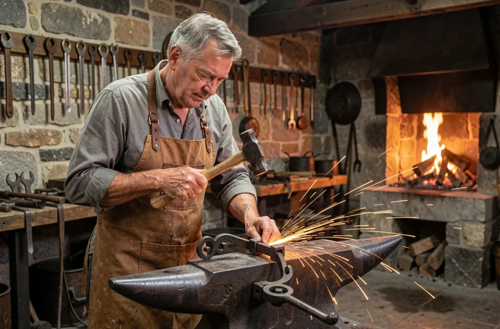 Maître artisan de la Serrurerie Ferronnerie du Marquisat façonnant une ferronnerie décorative à l'enclume dans son atelier traditionnel