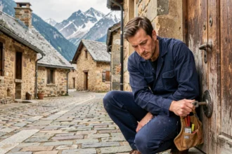 Serrurier professionnel travaillant sur une porte ancienne dans un village des Hautes-Pyrénées avec des montagnes enneigées en arrière-plan